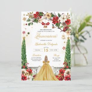 Invitation Noël hiver Poinsettia Rouge or Quinceanera