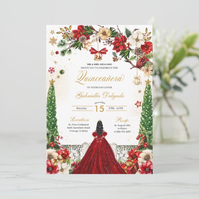 Invitation Noël hiver Poinsettia Rouge or Quinceanera (Debout devant)