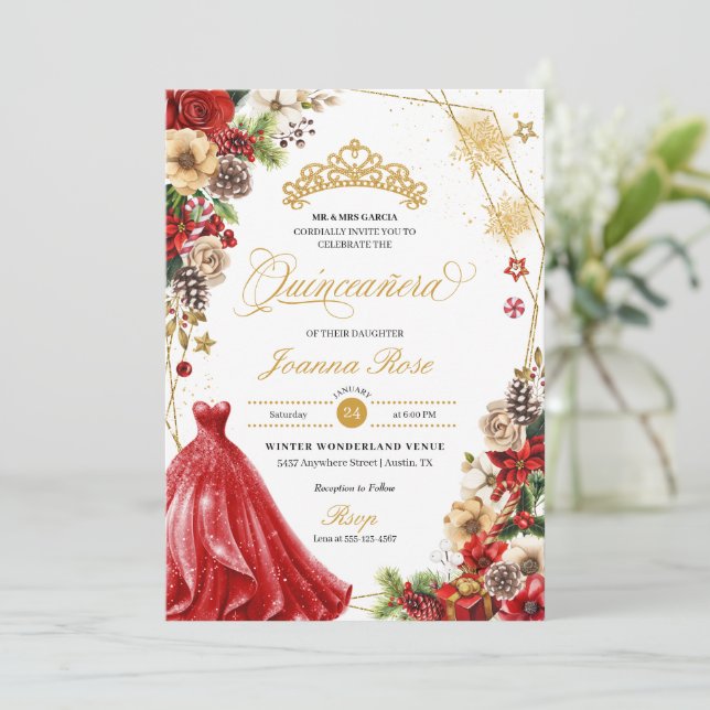 Invitation Noël hiver Rouge et or Poinsettia Quinceanera (Debout devant)