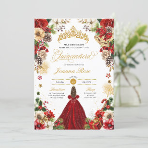Invitation Noël hiver Rouge et or Poinsettia Quinceanera