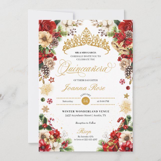 Invitation Noël hiver Rouge et or Poinsettia Quinceanera (Devant)