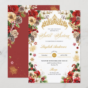 Invitation Noël hiver Rouge & Or Poinsettia Sweet 16