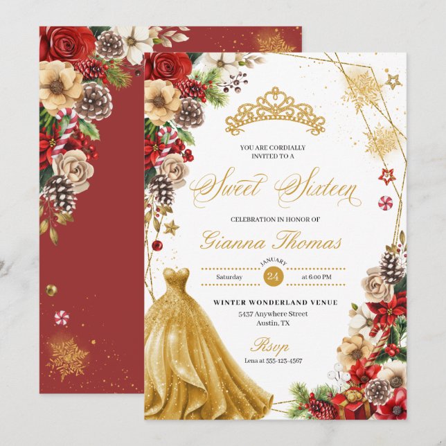 Invitation Noël hiver Rouge & Or Poinsettia Sweet 16 (Devant / Derrière)