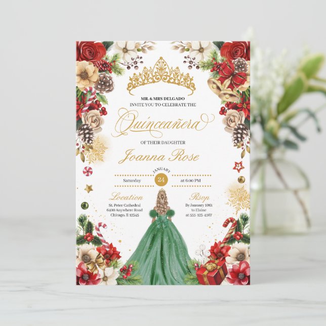 Invitation Noël hiver Rouge vert Poinsettia Quinceanera (Debout devant)
