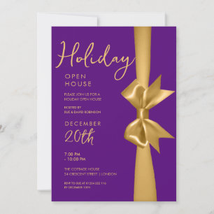 Invitation Noël Holiday Open House Gold Ribbon Purple