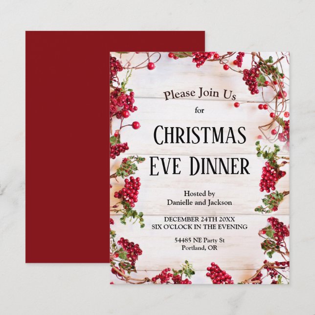 Invitation Noël Holly Berries Soirée de Noël (Devant / Derrière)