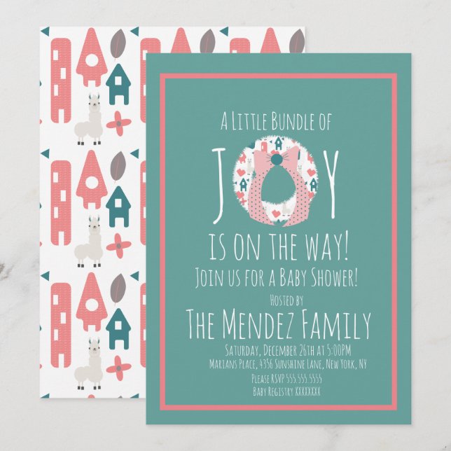 Invitation Noël Llama Baby shower Wreath Joy Bundle (Devant / Derrière)