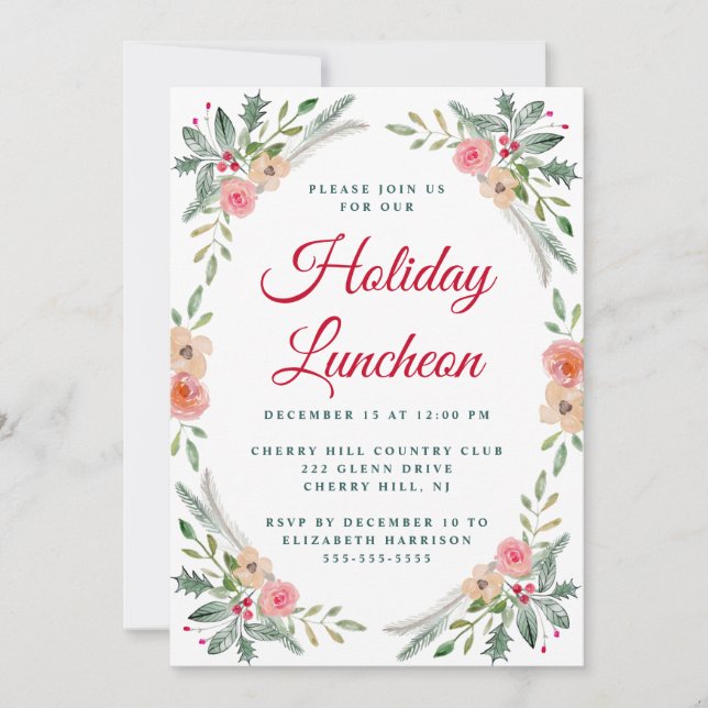 Invitation Noël Luncheon Hiver Floral Aquarelle (Devant)