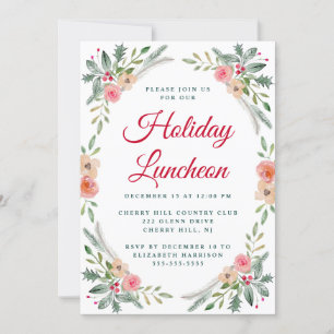 Invitation Noël Luncheon Hiver Floral Aquarelle