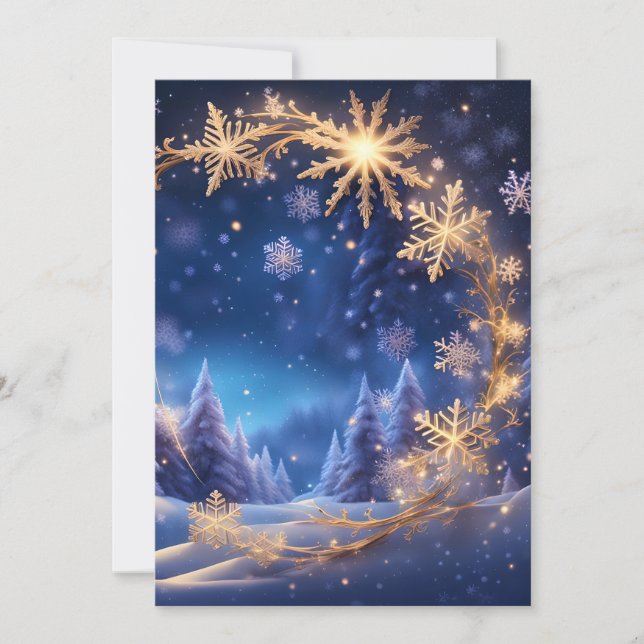 Invitation Noël magique - flocons de neige dorés, maison ouve (Devant)