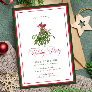 Invitation Noël Moderne Guirlande de Gui Fête Rouge Ruban
