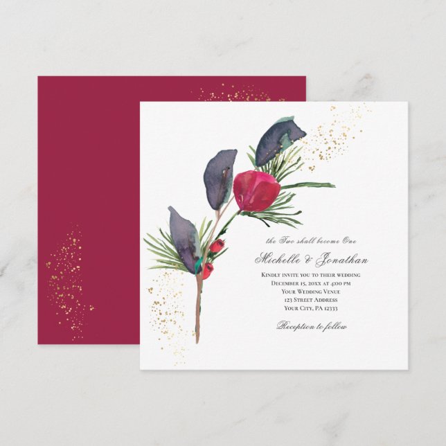 Invitation Noël moderne Rose rouge Mariage de verdure hiverna (Devant / Derrière)