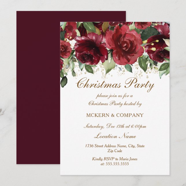 Invitation Noël Parties scintillant d'or Bourgogne Floral (Devant / Derrière)