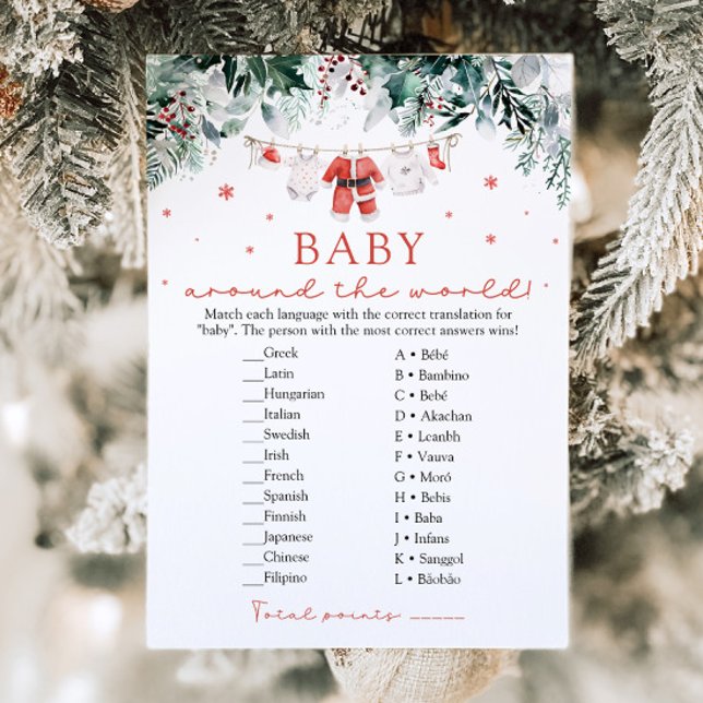 Invitation Noël Père Noël Baby autour du Baby shower Mondial (Watercolor Red Christmas Santa Baby Around The World Baby Shower Game)
