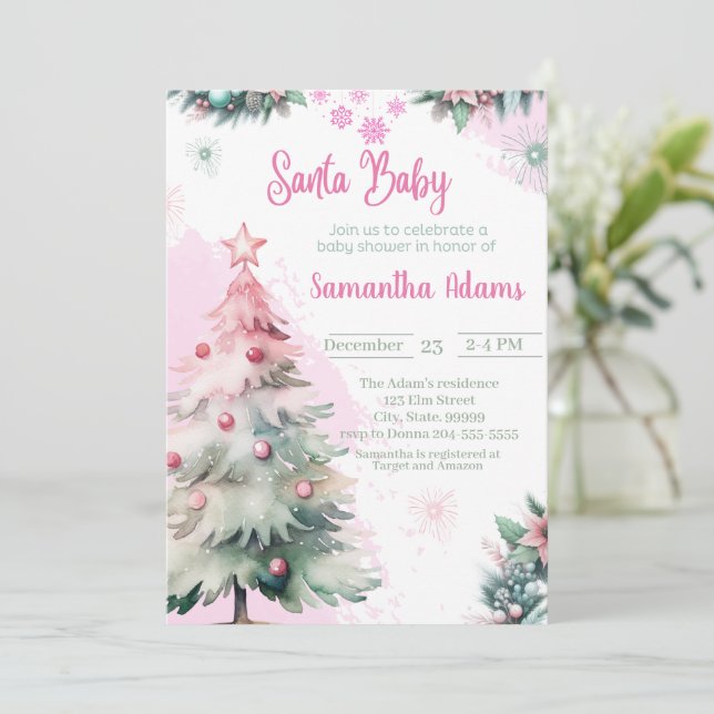 Invitation Noël Père Noël Baby shower fille (Debout devant)