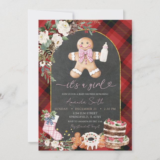 Invitation Noël Plaid pain d'épices Baby shower fille (Devant)