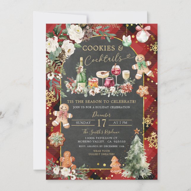 Invitation Noël Plaid Red Black Cookies Cocktails Party (Devant)