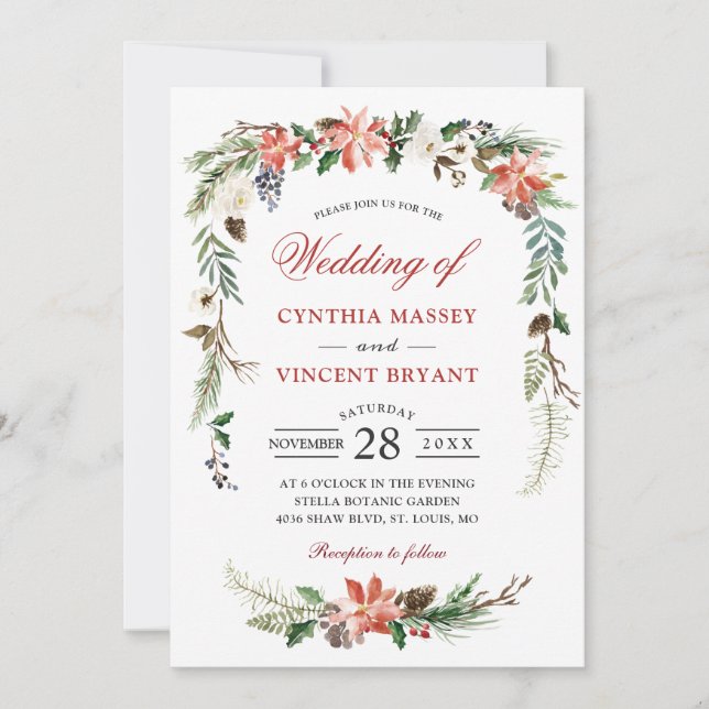 Invitation Noel Poinsettia Arche Florale Mariage d'hiver (Devant)