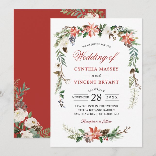 Invitation Noel Poinsettia Arche Florale Mariage d'hiver (Devant / Derrière)