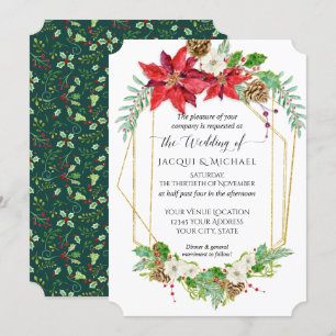 Invitation Noël Poinsettia Red Gold Terrarium Aquarelle