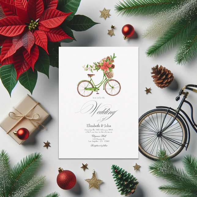 Invitation Noël Poinsettia Vélos d'hiver Mariage Charme (Christmas Poinsettia Bicycle Winter Wedding Charm Invitation)