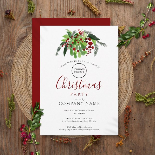 Invitation Noël Red Berries Company Logo Fête de Noël (Christmas Red Berries Company Logo Holiday Party Invitation)