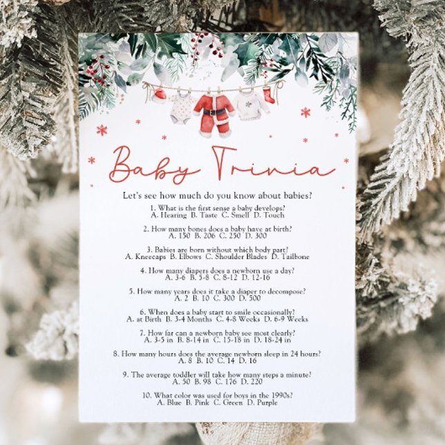 Invitation Noël Red Père Noël Baby shower bébé Trivia Jeu (Watercolor Christmas Red Santa Baby Shower Baby Trivia Game)