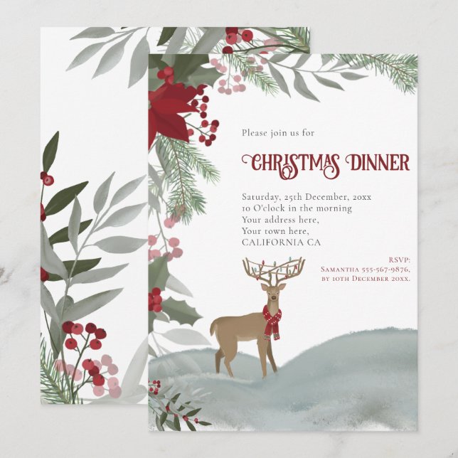 Invitation Noël Reindeer Red Berries Grey Foliing Neige (Devant / Derrière)