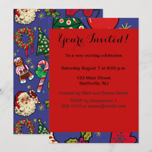Invitation Noël Rétro Vintage Coloré Bleu Rouge Vert