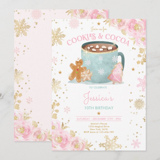 Invitation Noël rose et or Cookies et cacao Anniversaire (Devant / Derrière)