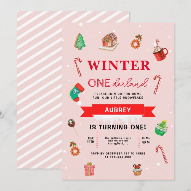 Invitation Noël rose hiver Onederland Premier anniversaire (Devant / Derrière)