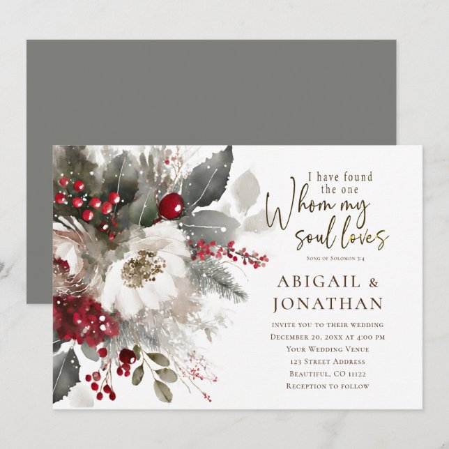 Invitation Noël Rouge Argent blanc Bible chrétienne Mariage (Devant / Derrière)
