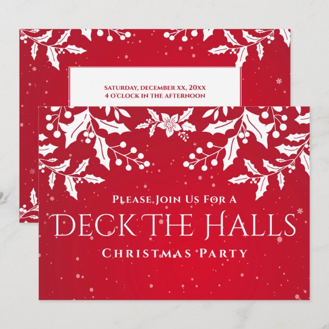 Invitation Noël Rouge, Blanc Holly, Soirée Deck-The-Halls (Devant / Derrière)