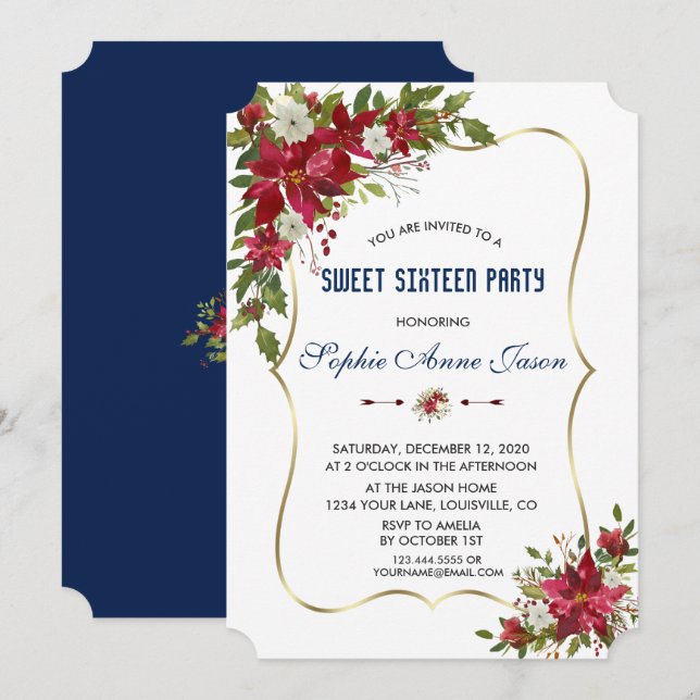Invitation Noël Rouge Poinsettia Gold Sweet sixteen (Devant / Derrière)