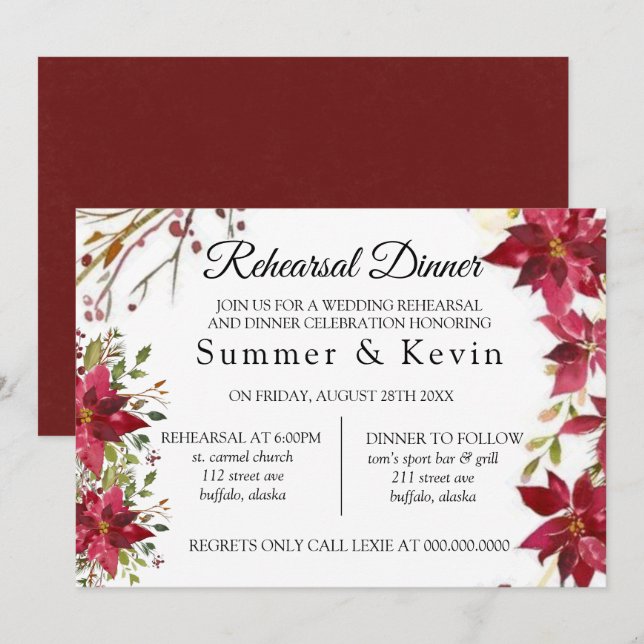 Invitation Noël Rouge Poinsettia Mariage Dîner de répétition (Devant / Derrière)