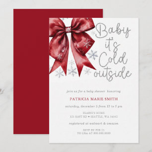 Invitation Noël Ruban Rouge Argenté Froid à l'Extérieur Baby