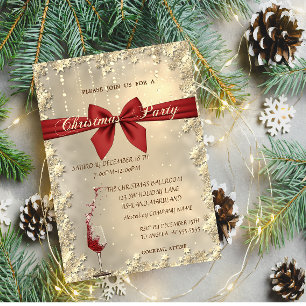 Invitation Noël Ruban Rouge,Verre à Vin,Fête d'entreprise Dor