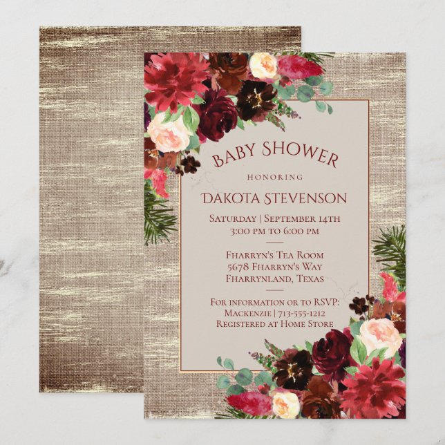 Invitation Noël Russe Boho Bourgogne Baby shower or (Devant / Derrière)