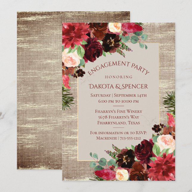 Invitation Noël Russe Bourgogne Gold Engagement Party (Devant / Derrière)