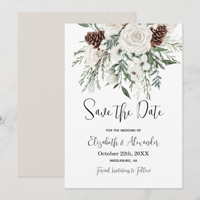 Invitation Noël Sauvez La Date Pine Floral Mariage d'hiver (Devant / Derrière)