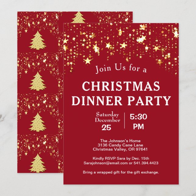 Invitation Noël Soirée Gold Stars Arbres Rouge (Devant / Derrière)
