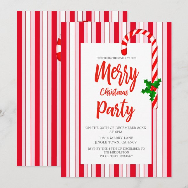 Invitation Noël Vacances Holly Red Candy Motif (Devant / Derrière)