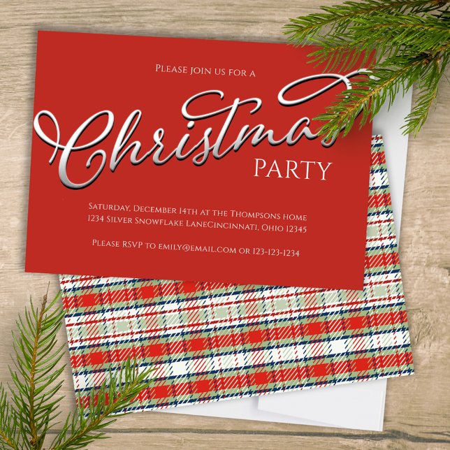 Invitation Noël Vacances Simple Red Winter Festive Plaid (Merry Christmas holiday festive red plaid background with stylish calligraphy script. )