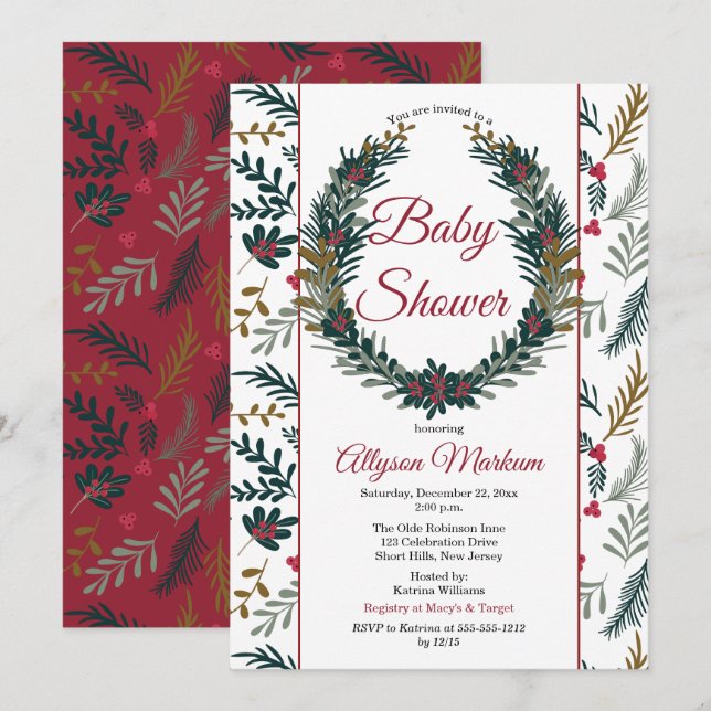 Invitation Noël Vacances verdure Baby shower de couronne Invi (Devant / Derrière)