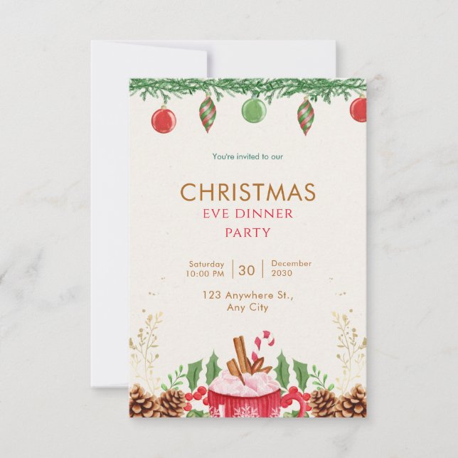 Invitation Noël Vert Et Rouge Aquarelle (Devant)