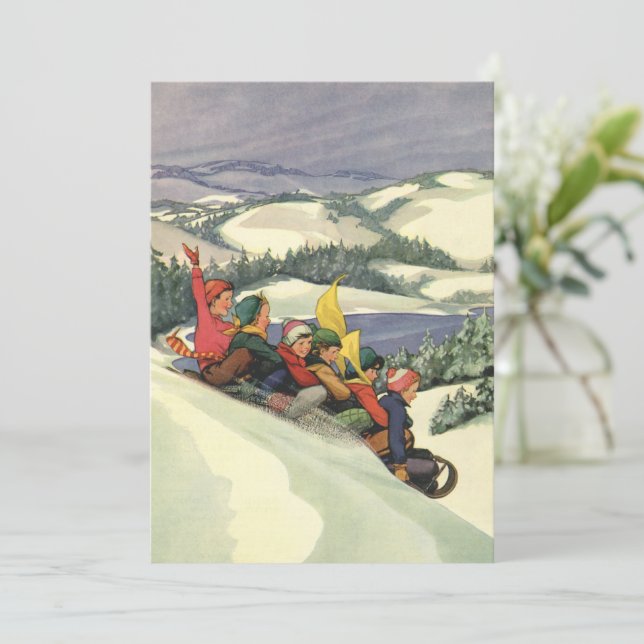 Invitation Noël vintage, Enfants dormant sur la montagne (Debout devant)