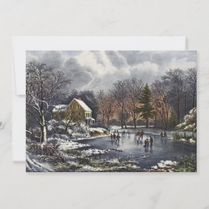Invitation Noël vintage, Patineurs de début d'hiver sur un ét
