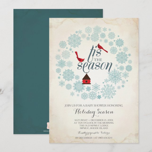 Invitation Noël vintage rouge et bleu (Devant / Derrière)