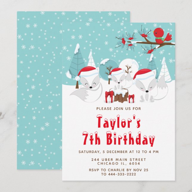 Invitation Noël Woodland Arctic Fox fête d'anniversaire (Devant / Derrière)