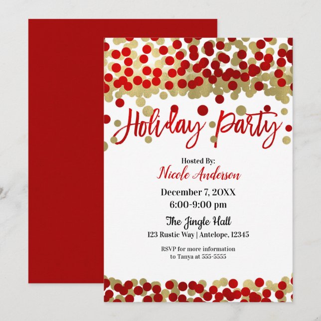 Invitation Noëls Dots Rouge & Or Fête de Noël (Devant / Derrière)